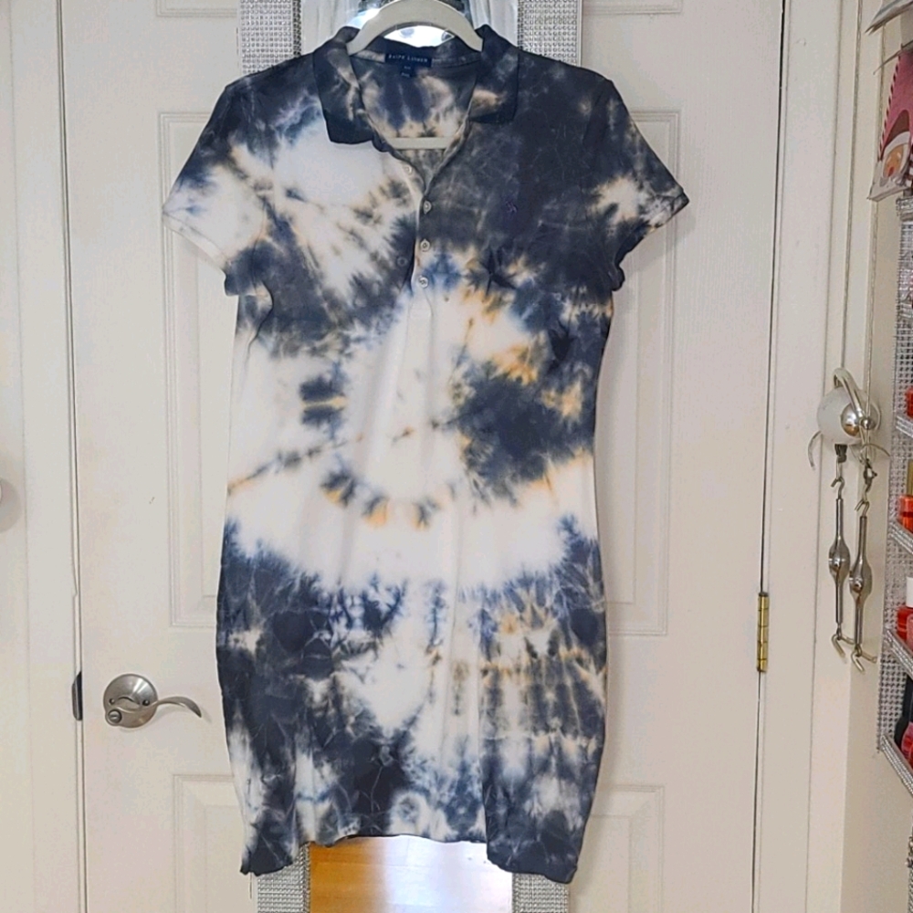Ralph Lauren Navy, White & Yellow Tie-Dye Polo Dress